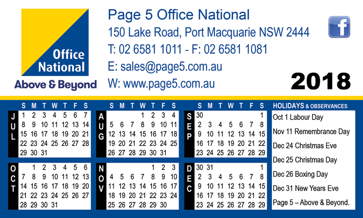 Page 5 Office National 2018 Calendar